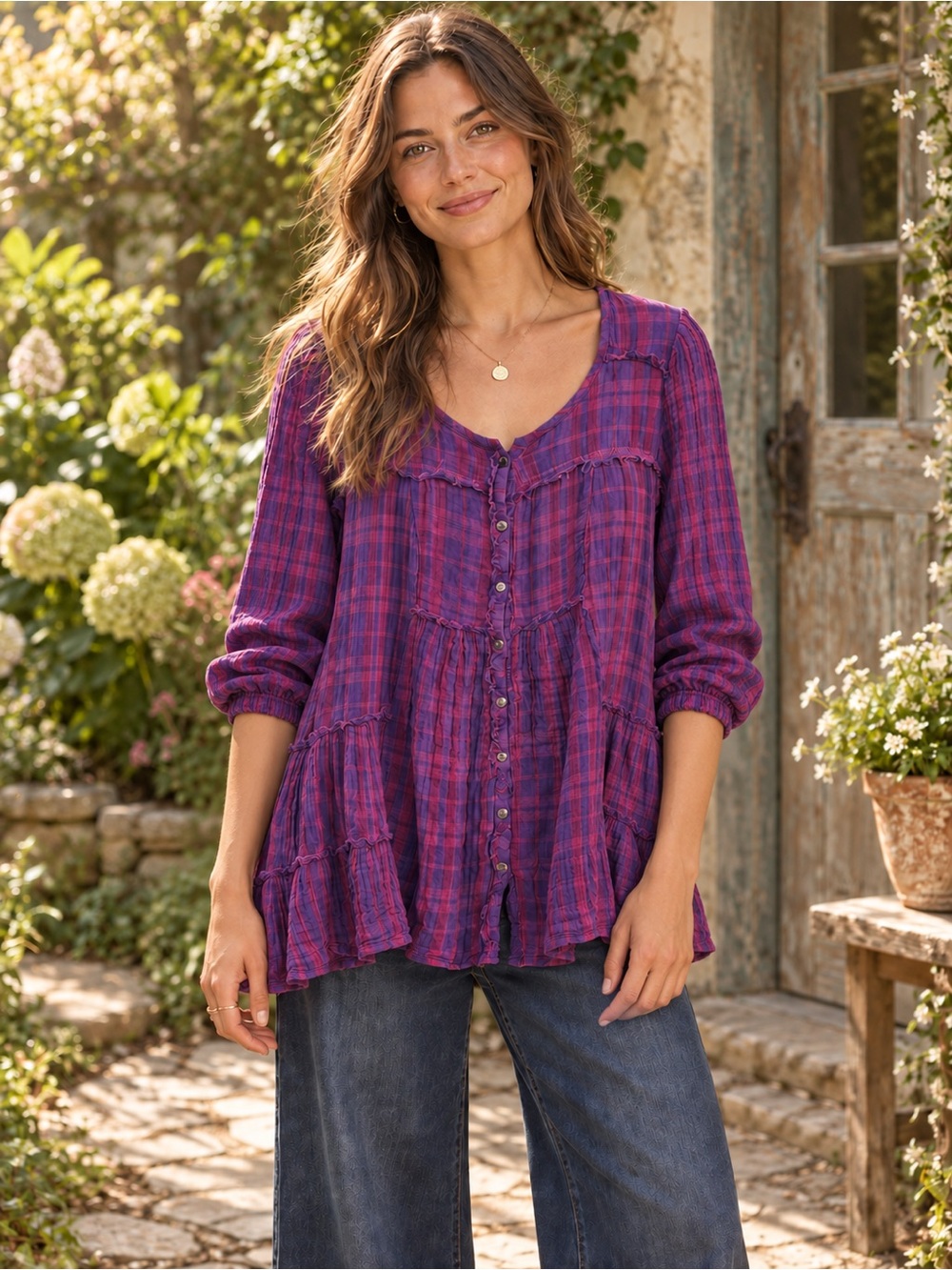 Free People‎ Plaid Long Sleeve Top Boho Size XS Cottage Fall